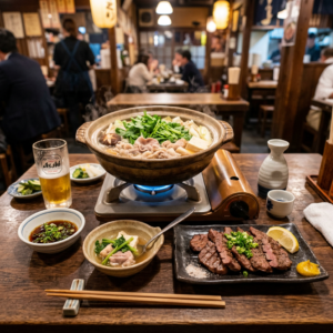 Japanese hot pot with vegetables and meat on portable stove, grilled meat with lemon and mustard, dipping sauces, beer, and sake on wooden table