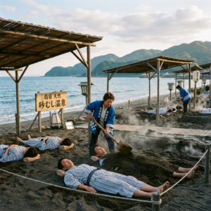 People lying on beach covered in hot sand for therapeutic sand bathing near the ocean