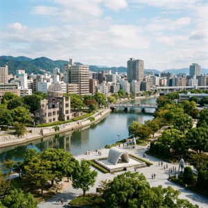 Hiroshima Peace Memorial dome by river with city skyline and park