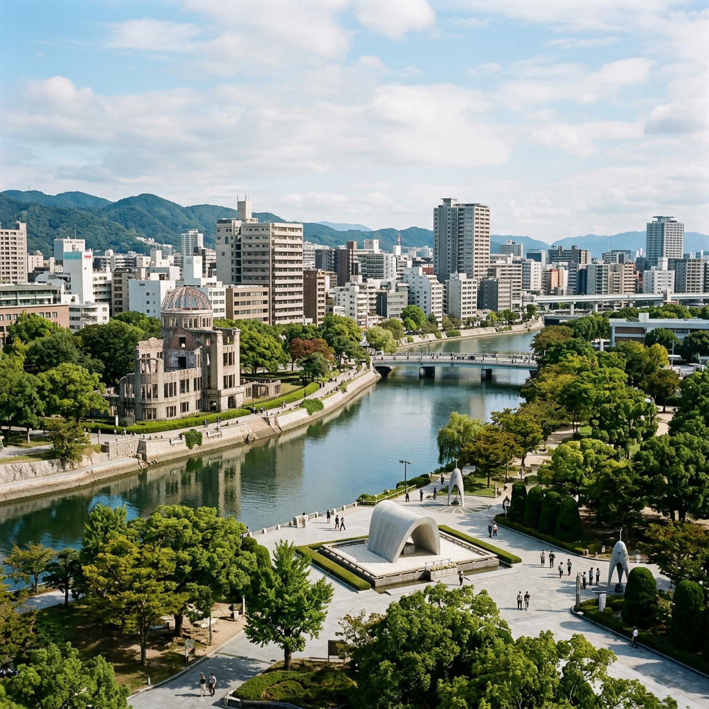 Hiroshima Peace Memorial dome by river with city skyline and park