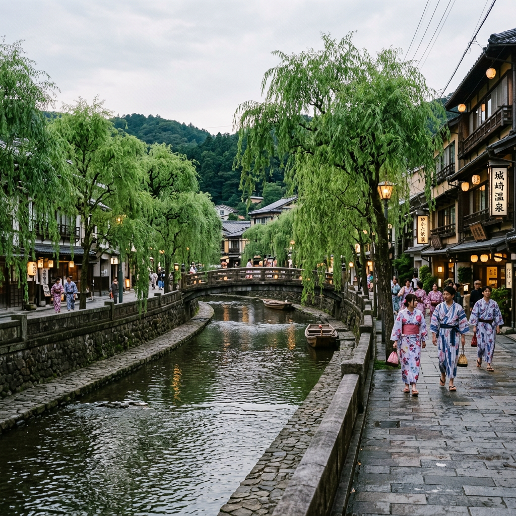 Riverside street in Kyoto with willow trees, stone pathway, wooden buildings, and people wearing kimonos walking