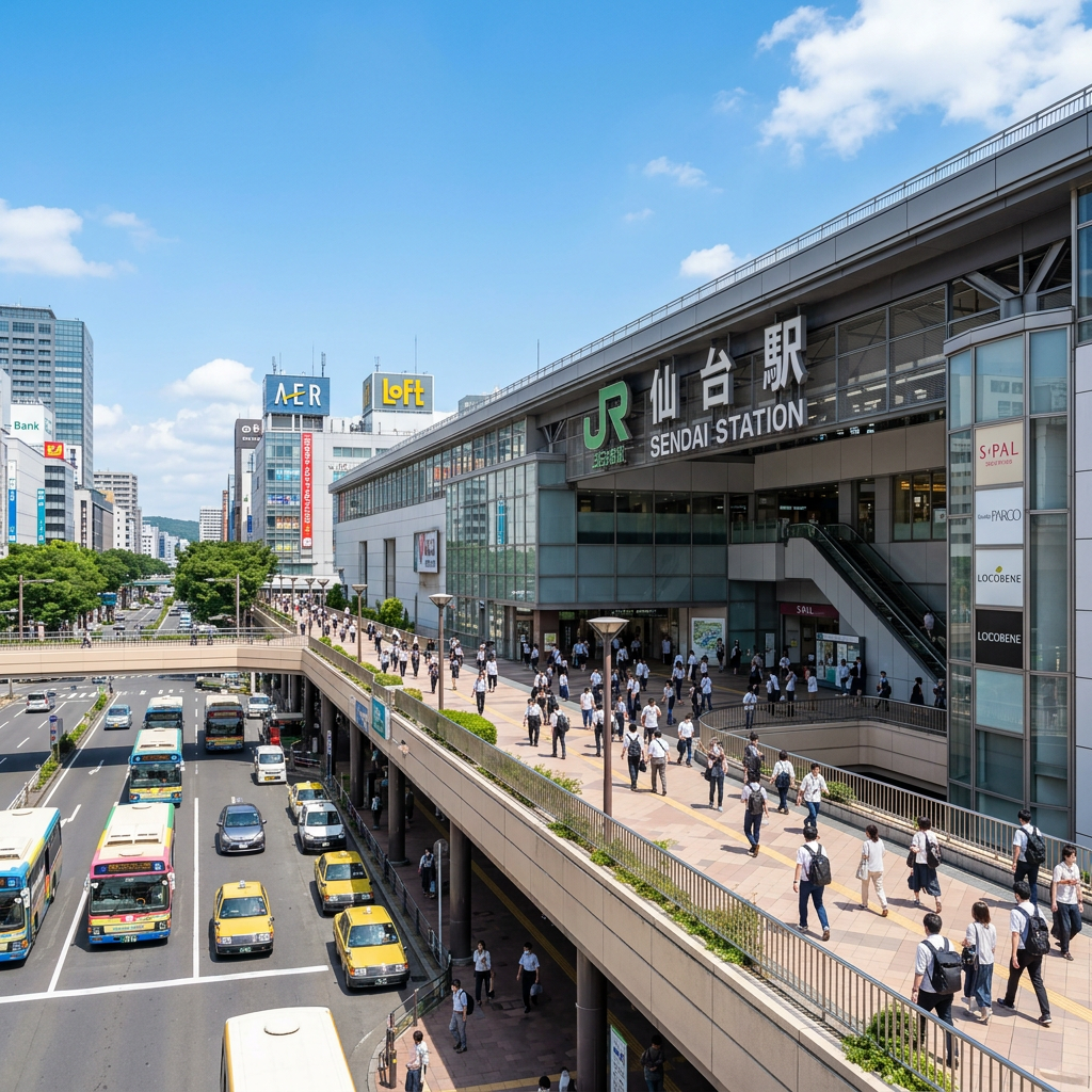 Sendai Station entrance with pedestrians on elevated walkway and vehicles on road below