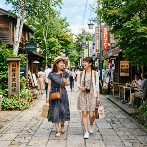 Two women walking on a stone-paved shopping street with paper bags during daytime.