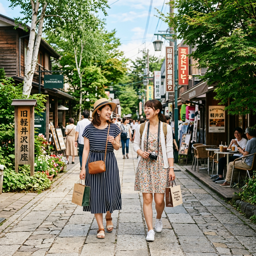Two women walking on a stone-paved shopping street with paper bags during daytime.