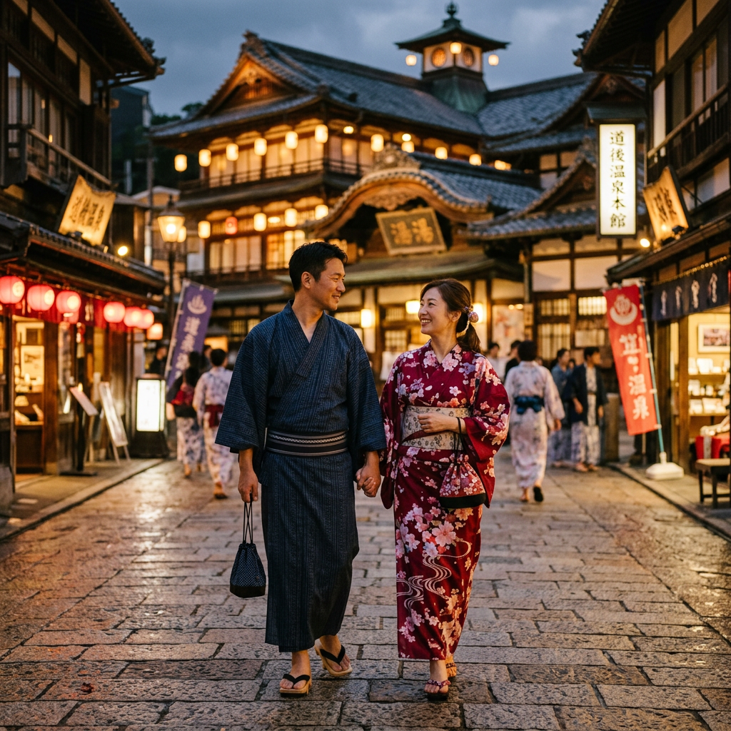 Couple in traditional yukata walking on a cobblestone street in a historic Japanese town with illuminated buildings
