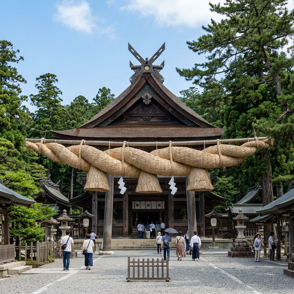 Traditional Shinto shrine entrance with large sacred rope and visitors