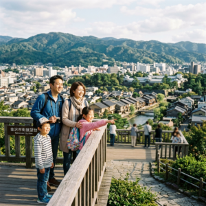 Family of four on Kanazawa City View observation deck overlooking city and mountains