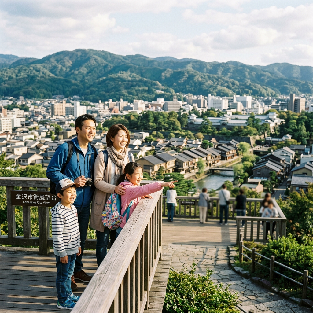 Family of four on Kanazawa City View observation deck overlooking city and mountains