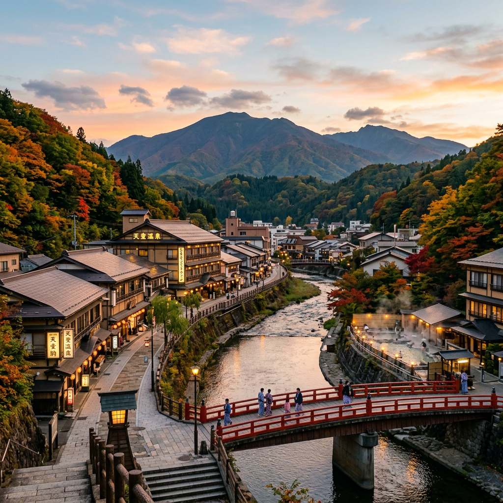 Traditional Japanese hot spring town with river, red bridge, and mountains at sunset