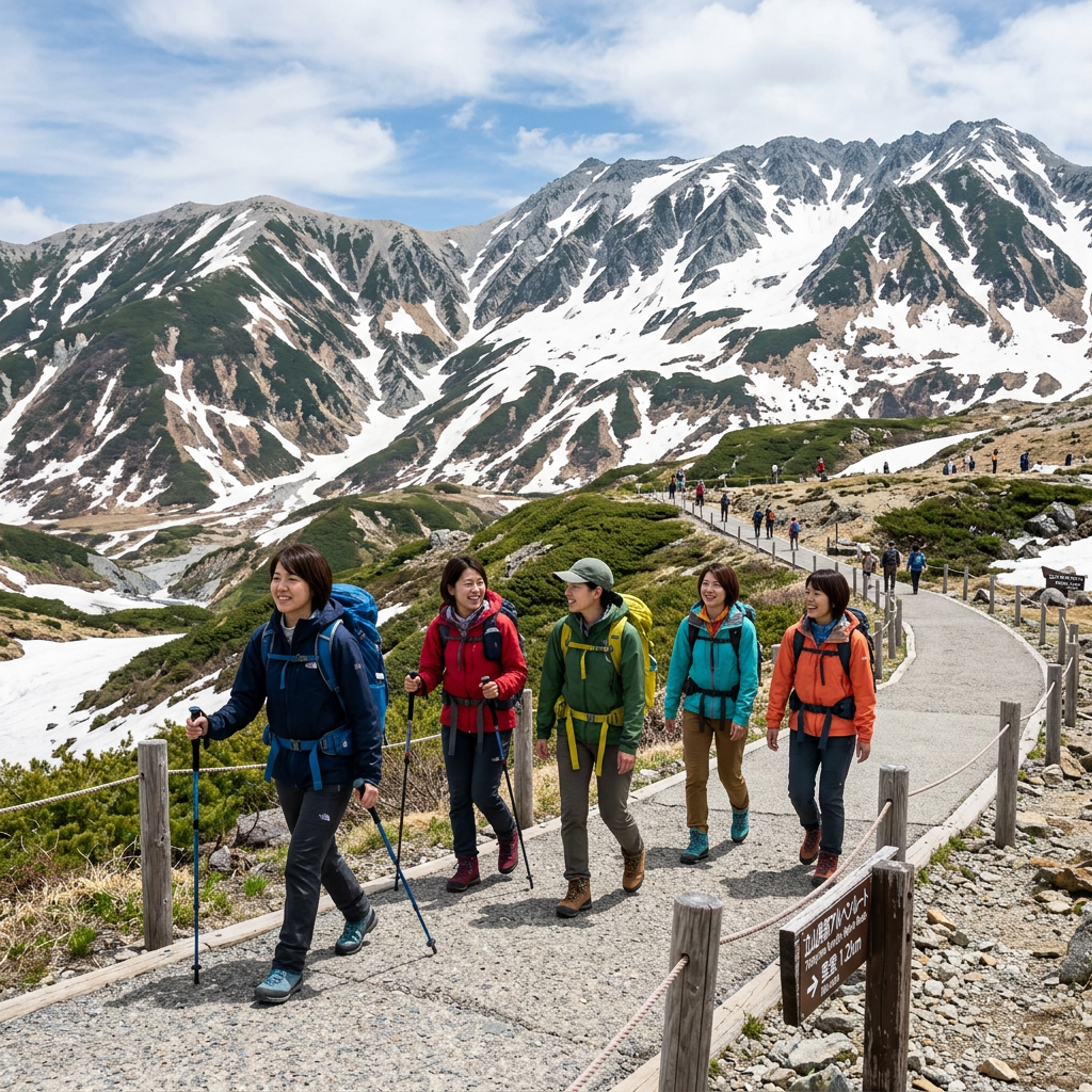 Five hikers walking on a mountain path with snow-covered peaks