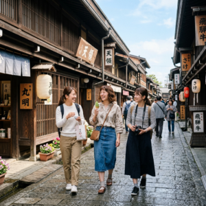 Three women walking and smiling on a traditional Japanese street with wooden buildings and hanging signs
