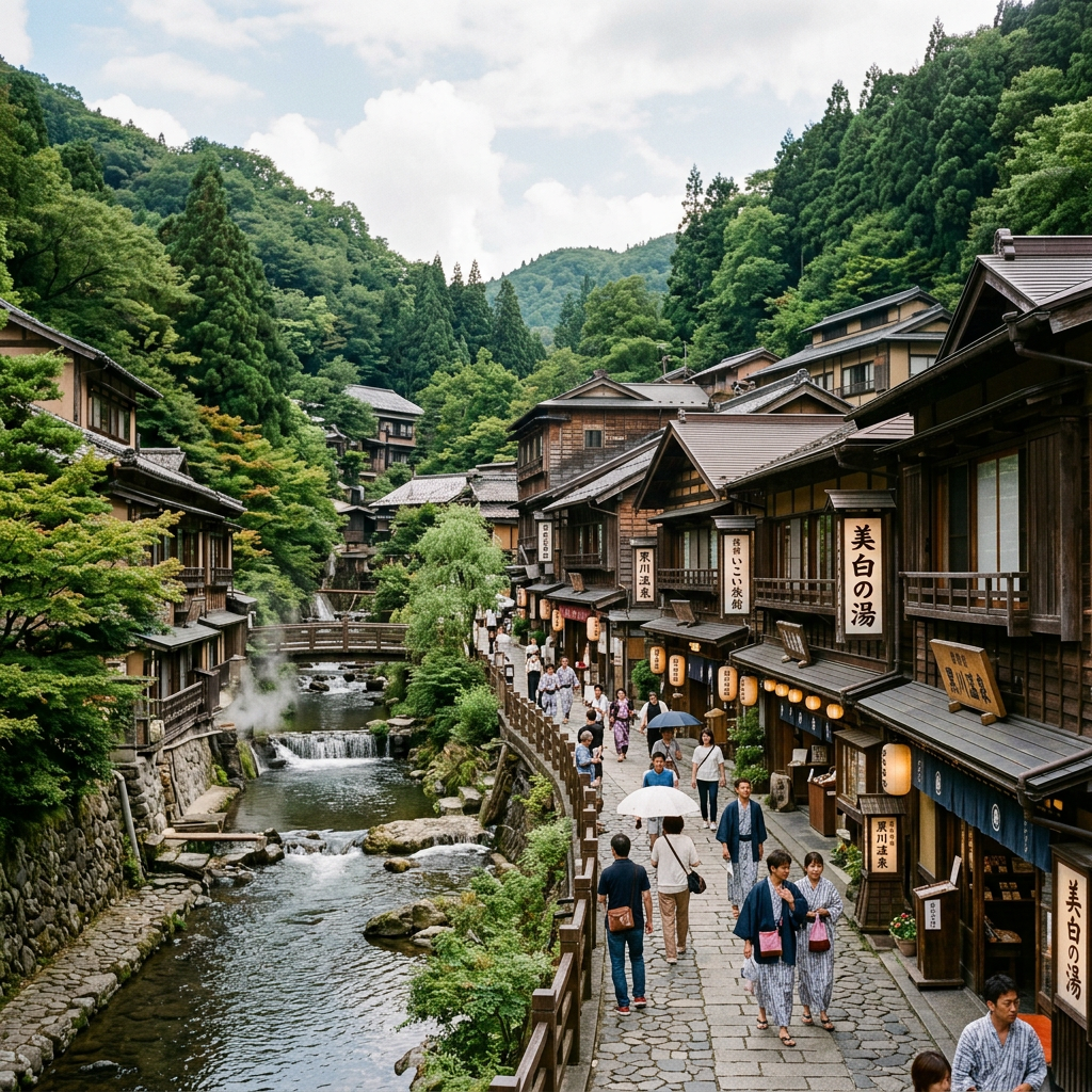 People walking along a stone pathway beside a river in a traditional Japanese hot spring village surrounded by green trees.