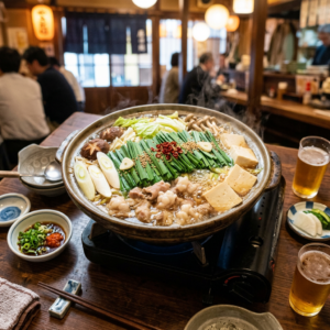 A steaming hot pot with tofu, garlic, leeks, mushrooms, leafy greens, and pieces of meat on a portable stove