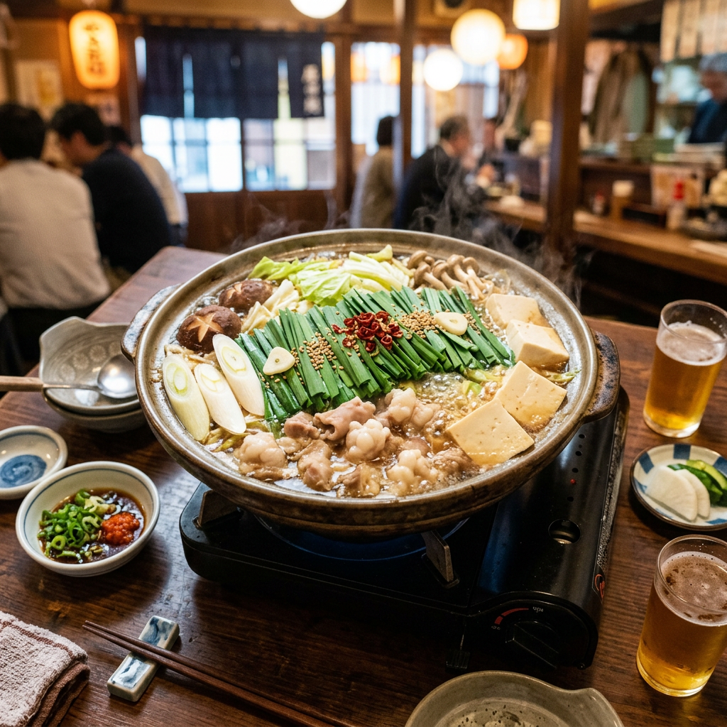 A steaming hot pot with tofu, garlic, leeks, mushrooms, leafy greens, and pieces of meat on a portable stove