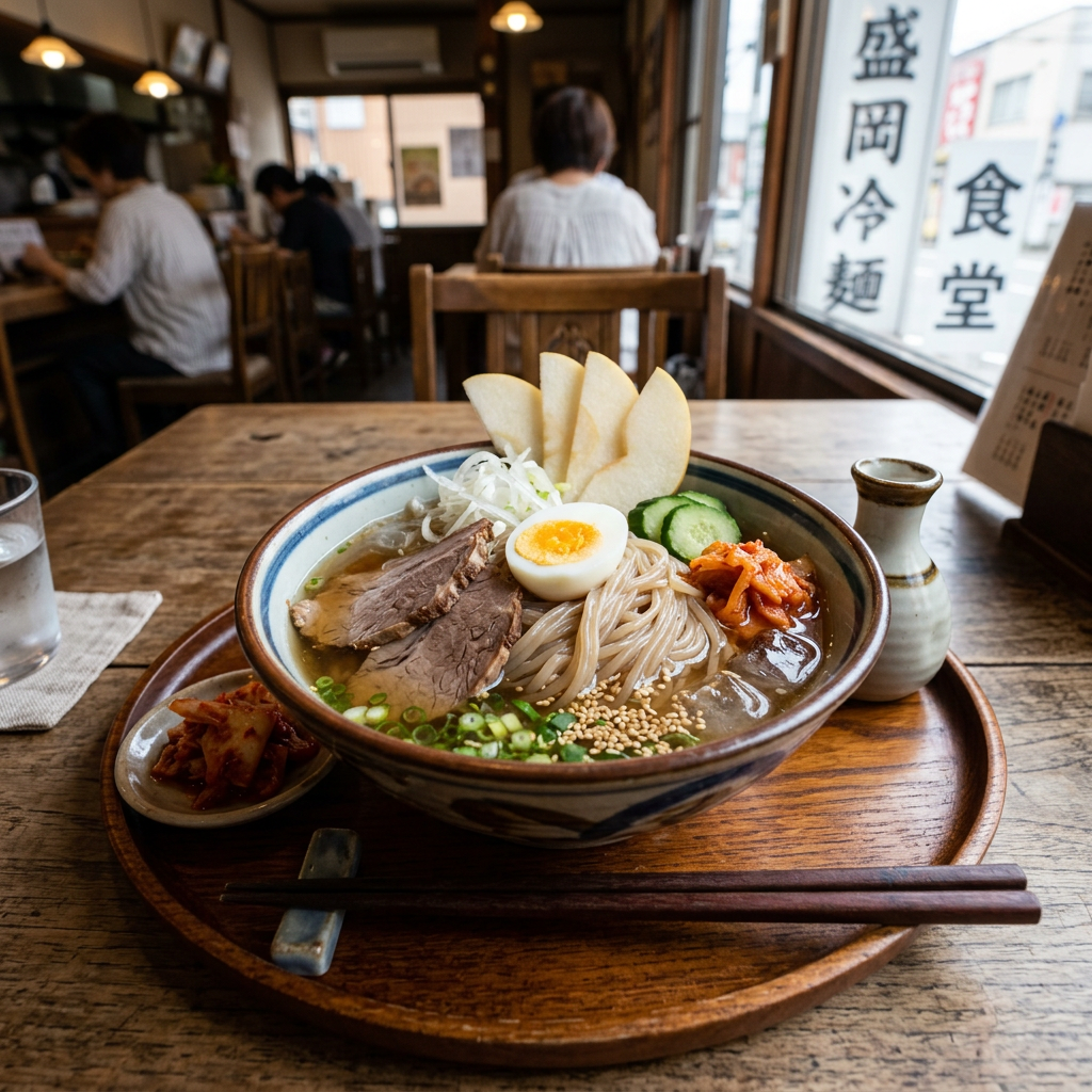 Bowl of Korean cold noodles with sliced beef, half boiled egg, cucumber, kimchi, and sliced pear