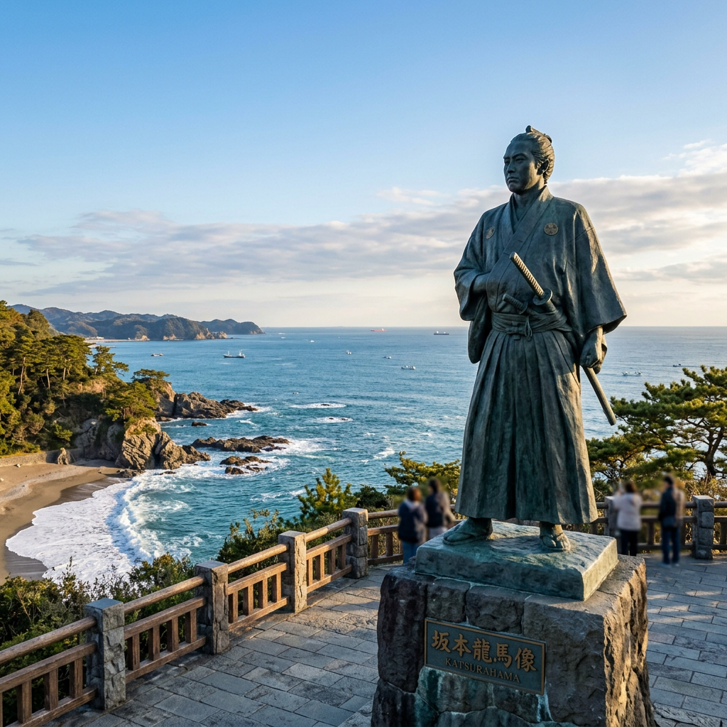 Statue of a samurai dressed in traditional clothing standing on a stone pedestal overlooking a coastal beach with waves and ships in the distance